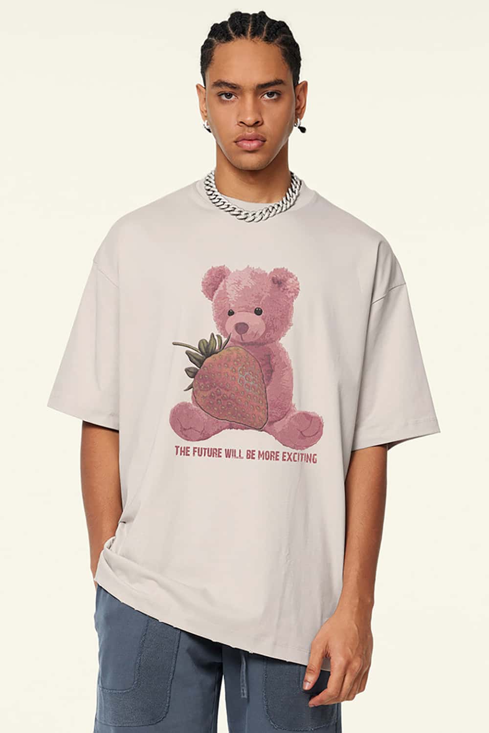 230g Fabric Strawberry Bear Print Short Sleeve T-Shirt - Cool and Loose Fit
