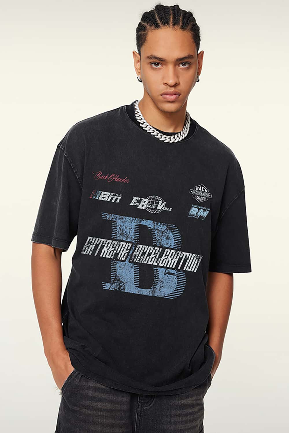 High Street Racing Slogan Loose Fit Washed Round Neck Short Sleeve T-Shirt