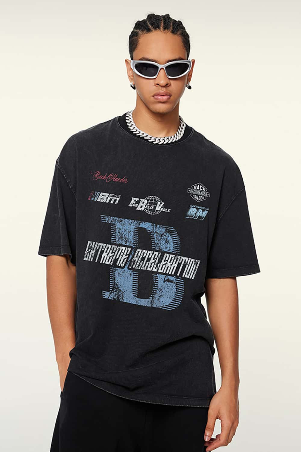High Street Racing Slogan Loose Fit Washed Round Neck Short Sleeve T-Shirt
