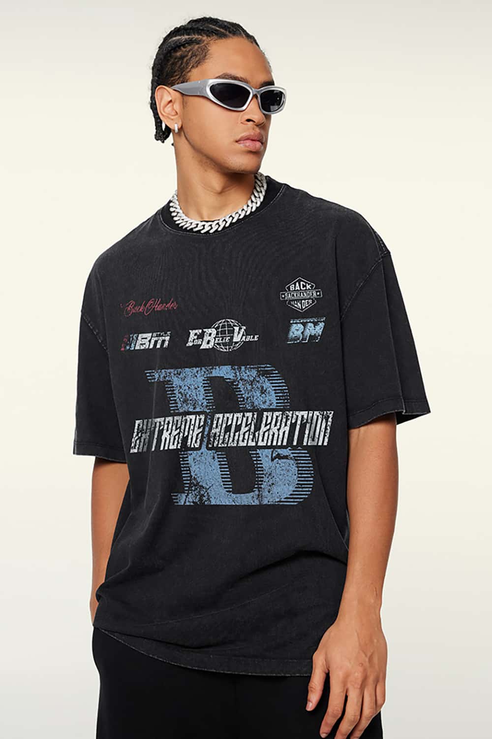 High Street Racing Slogan Loose Fit Washed Round Neck Short Sleeve T-Shirt