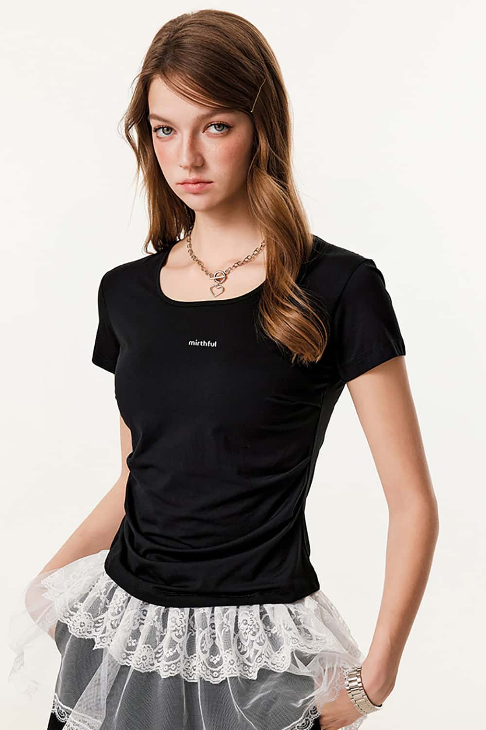 Square Neckline Fitted Waist 3D Print Short Sleeve T-Shirt with Scalloped Hem