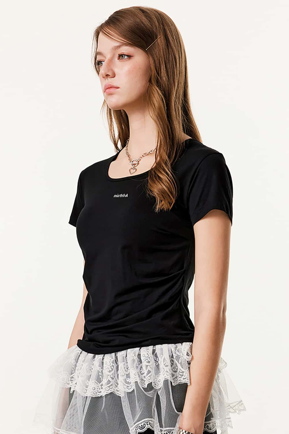 Square Neckline Fitted Waist 3D Print Short Sleeve T-Shirt with Scalloped Hem