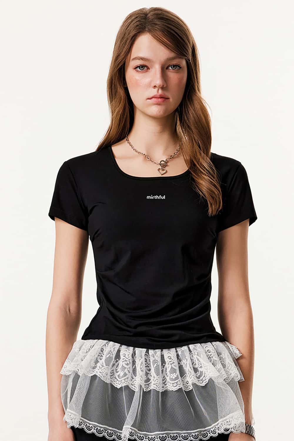 Square Neckline Fitted Waist 3D Print Short Sleeve T-Shirt with Scalloped Hem