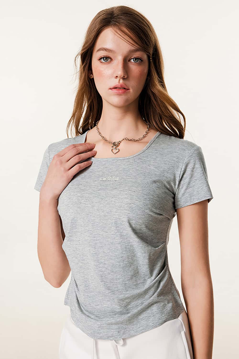 Square Neckline Fitted Waist 3D Print Short Sleeve T-Shirt with Scalloped Hem