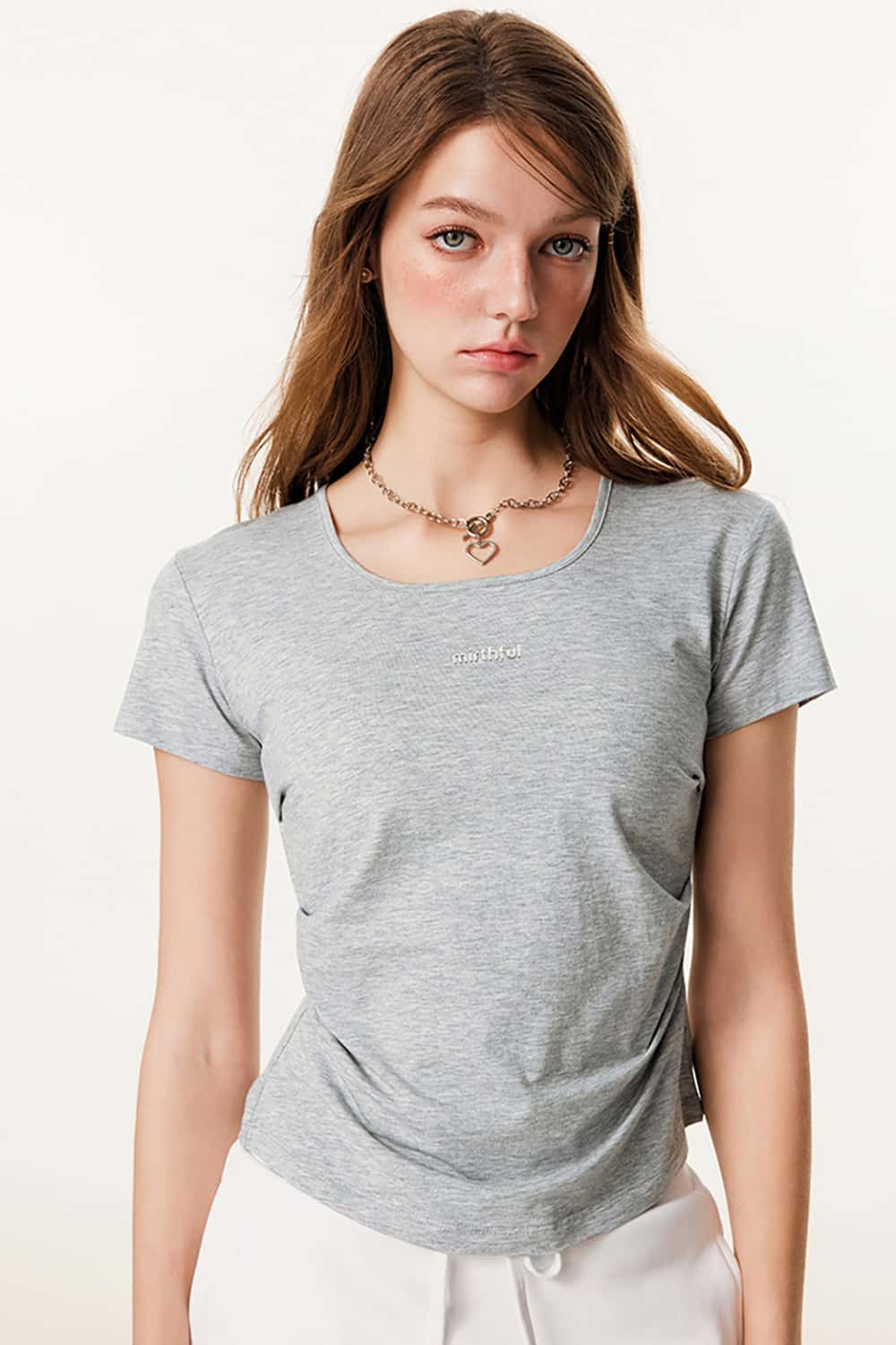 Square Neckline Fitted Waist 3D Print Short Sleeve T-Shirt with Scalloped Hem