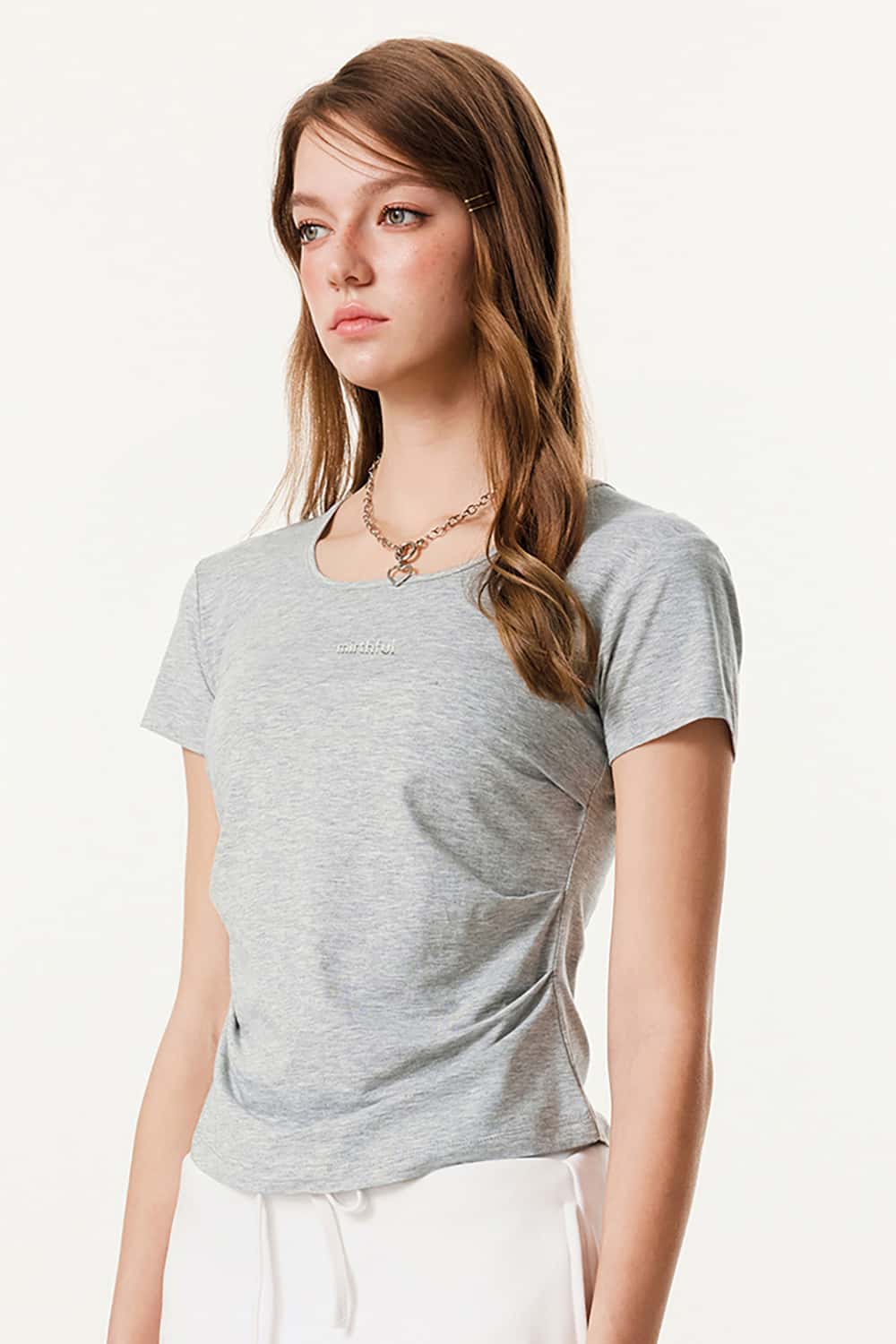 Square Neckline Fitted Waist 3D Print Short Sleeve T-Shirt with Scalloped Hem