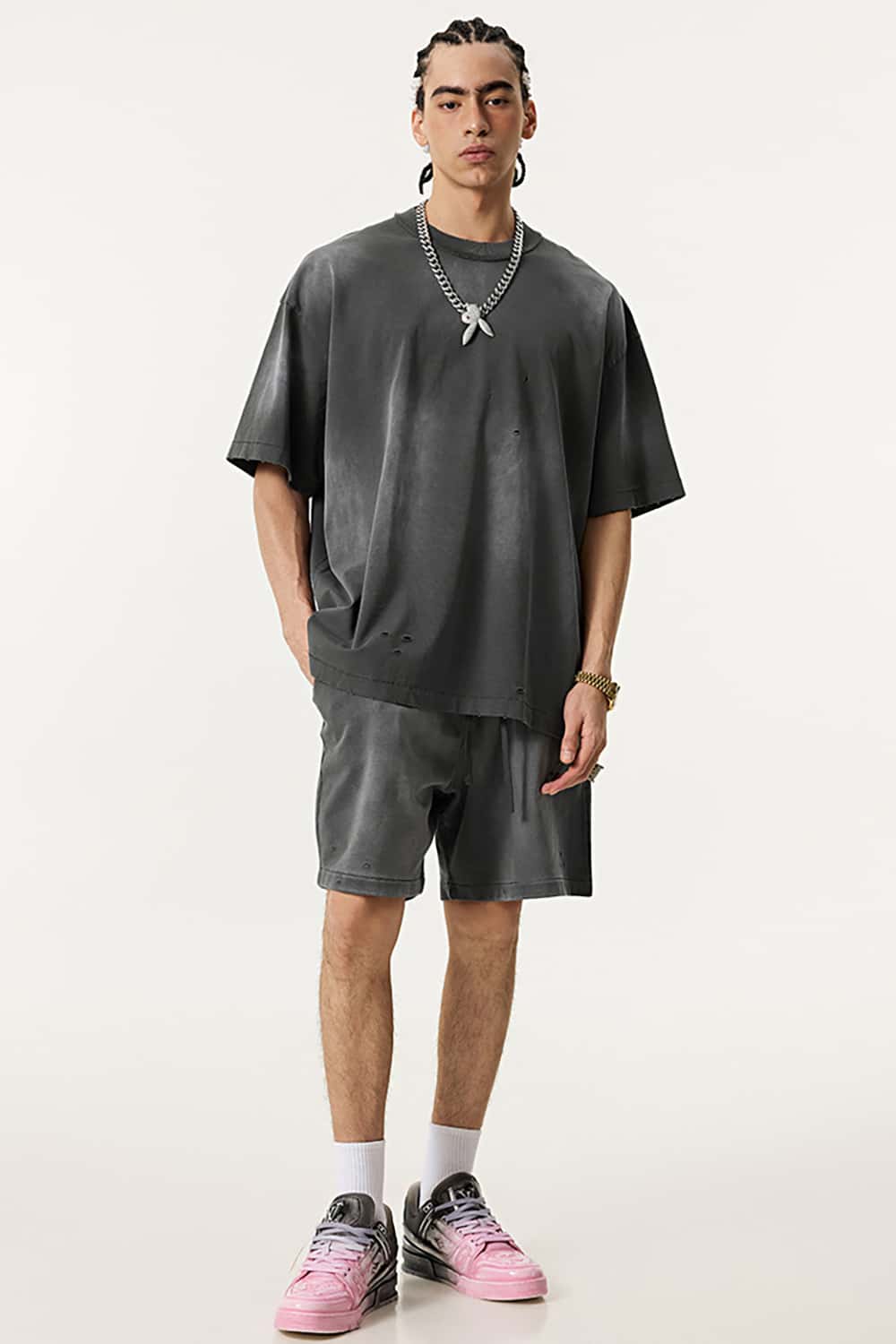 Street Style Distressed Sports Shorts - Loose Fit Mid-Length Shorts