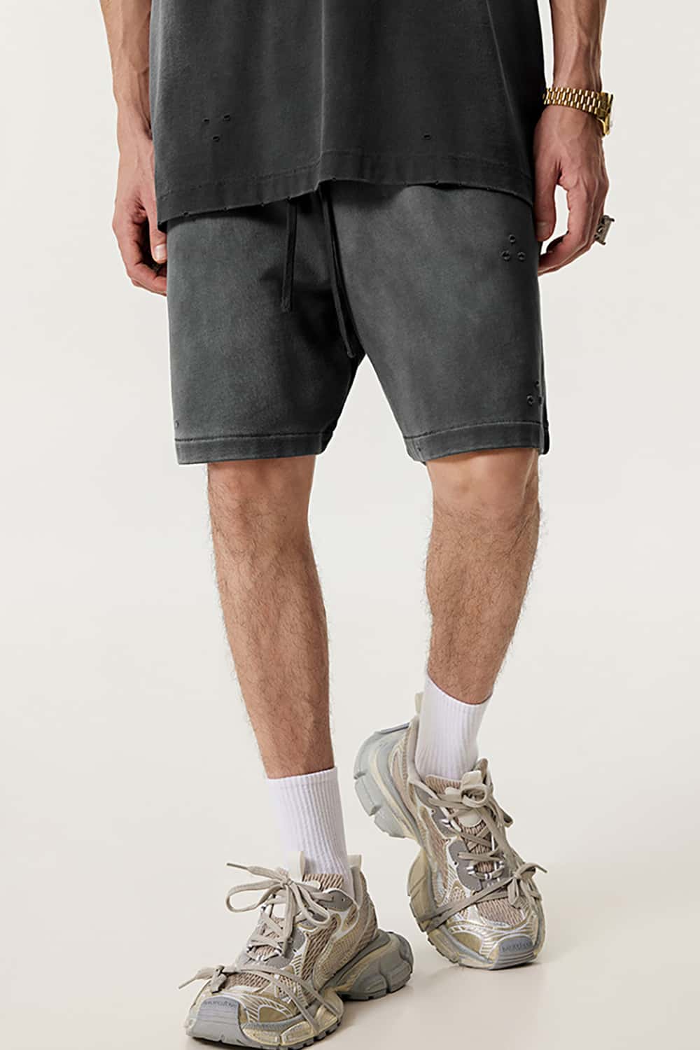 Street Style Distressed Sports Shorts - Loose Fit Mid-Length Shorts