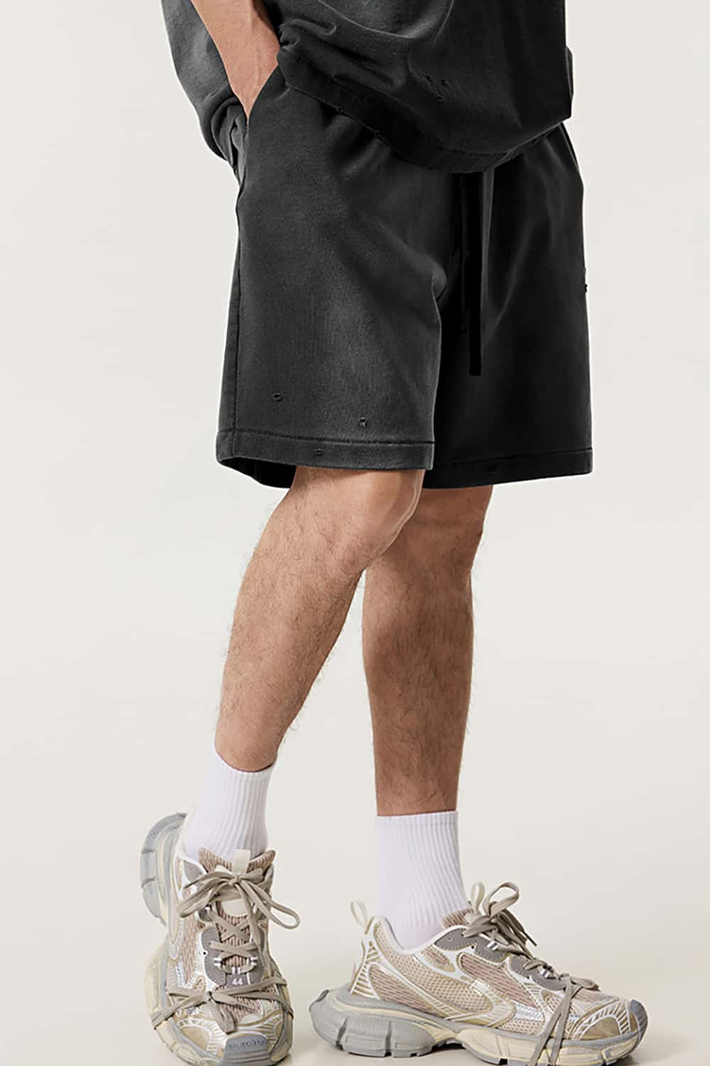 Street Style Distressed Sports Shorts - Loose Fit Mid-Length Shorts