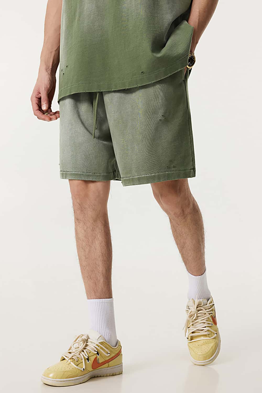 Street Style Distressed Sports Shorts - Loose Fit Mid-Length Shorts