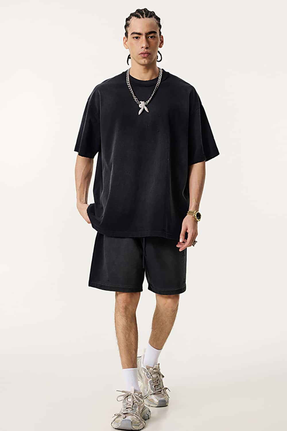 Street Style Distressed Sports Shorts - Loose Fit Mid-Length Shorts