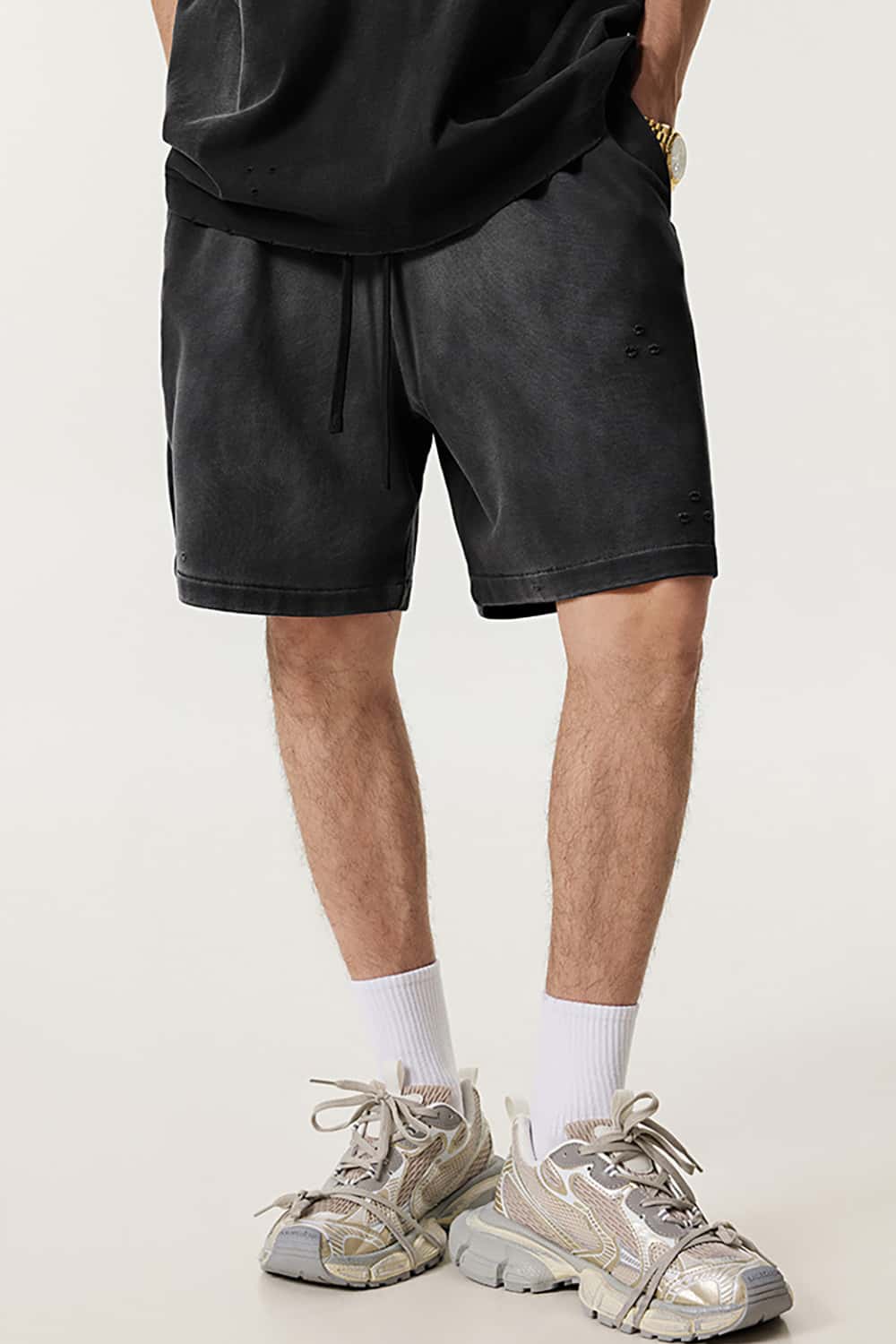Street Style Distressed Sports Shorts - Loose Fit Mid-Length Shorts
