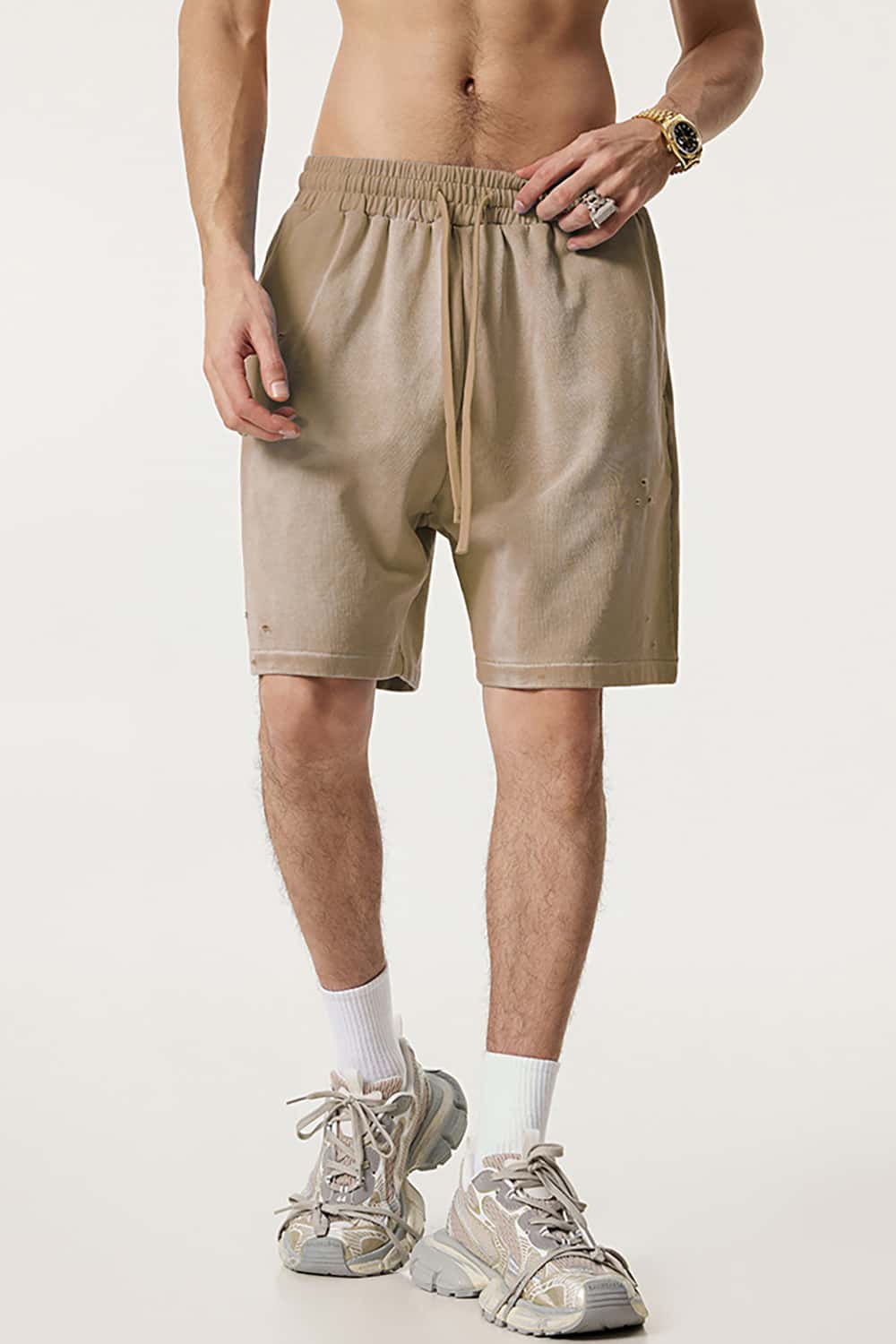 Street Style Distressed Sports Shorts - Loose Fit Mid-Length Shorts