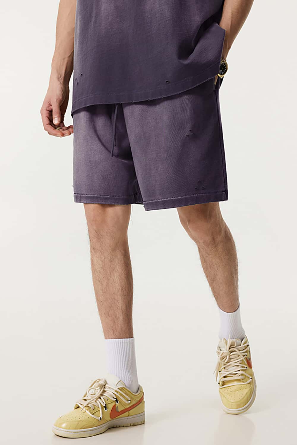 Street Style Distressed Sports Shorts - Loose Fit Mid-Length Shorts