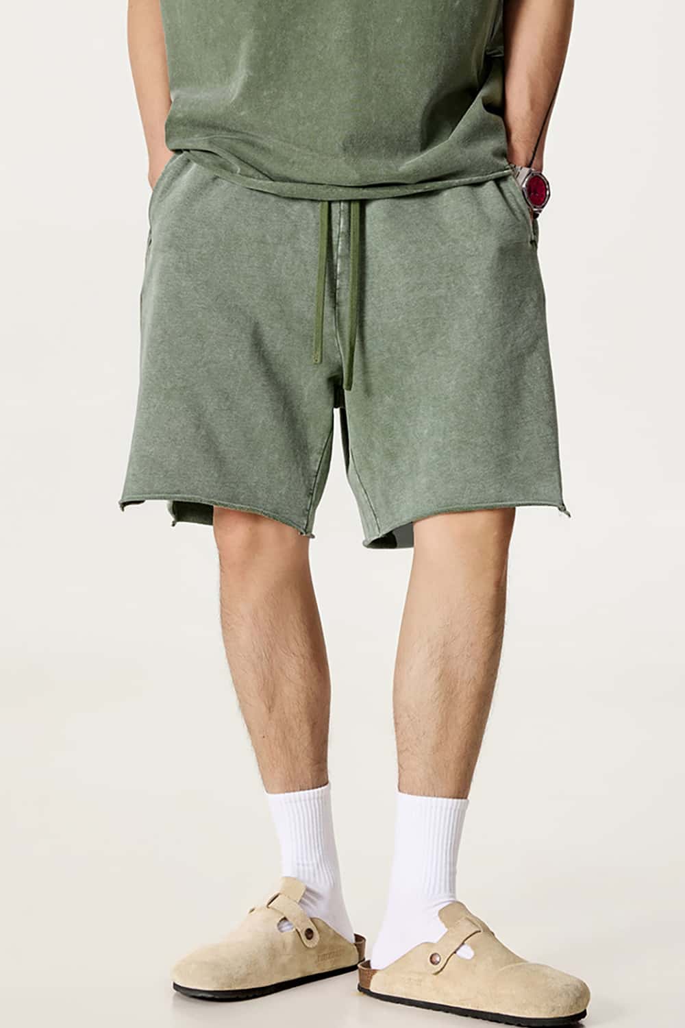 High Street Wax-Dyed Washed Distressed Mid-Length Shorts