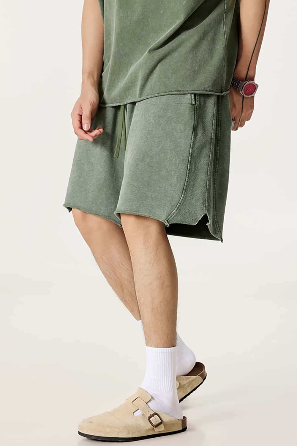 High Street Wax-Dyed Washed Distressed Mid-Length Shorts