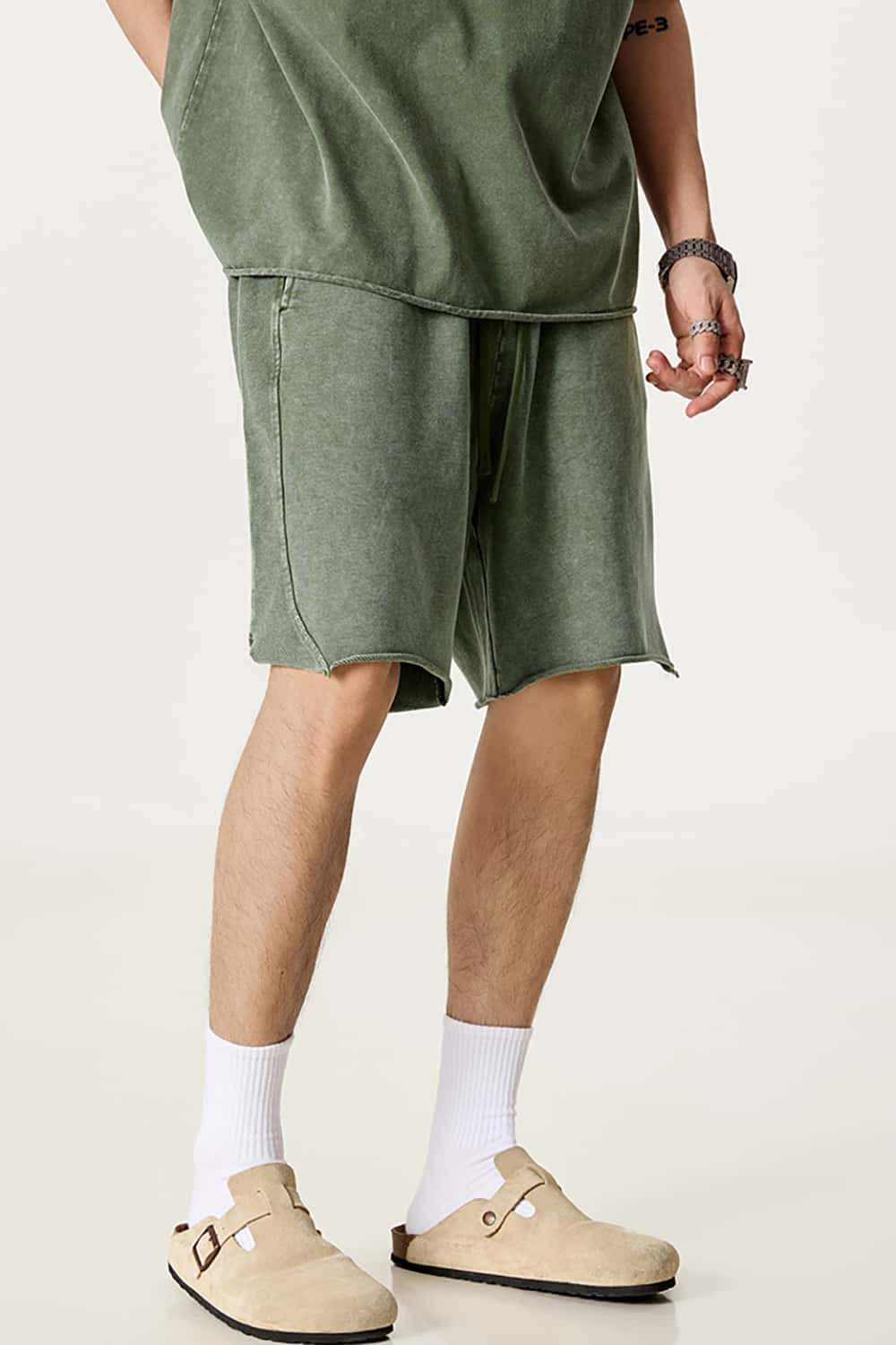 High Street Wax-Dyed Washed Distressed Mid-Length Shorts
