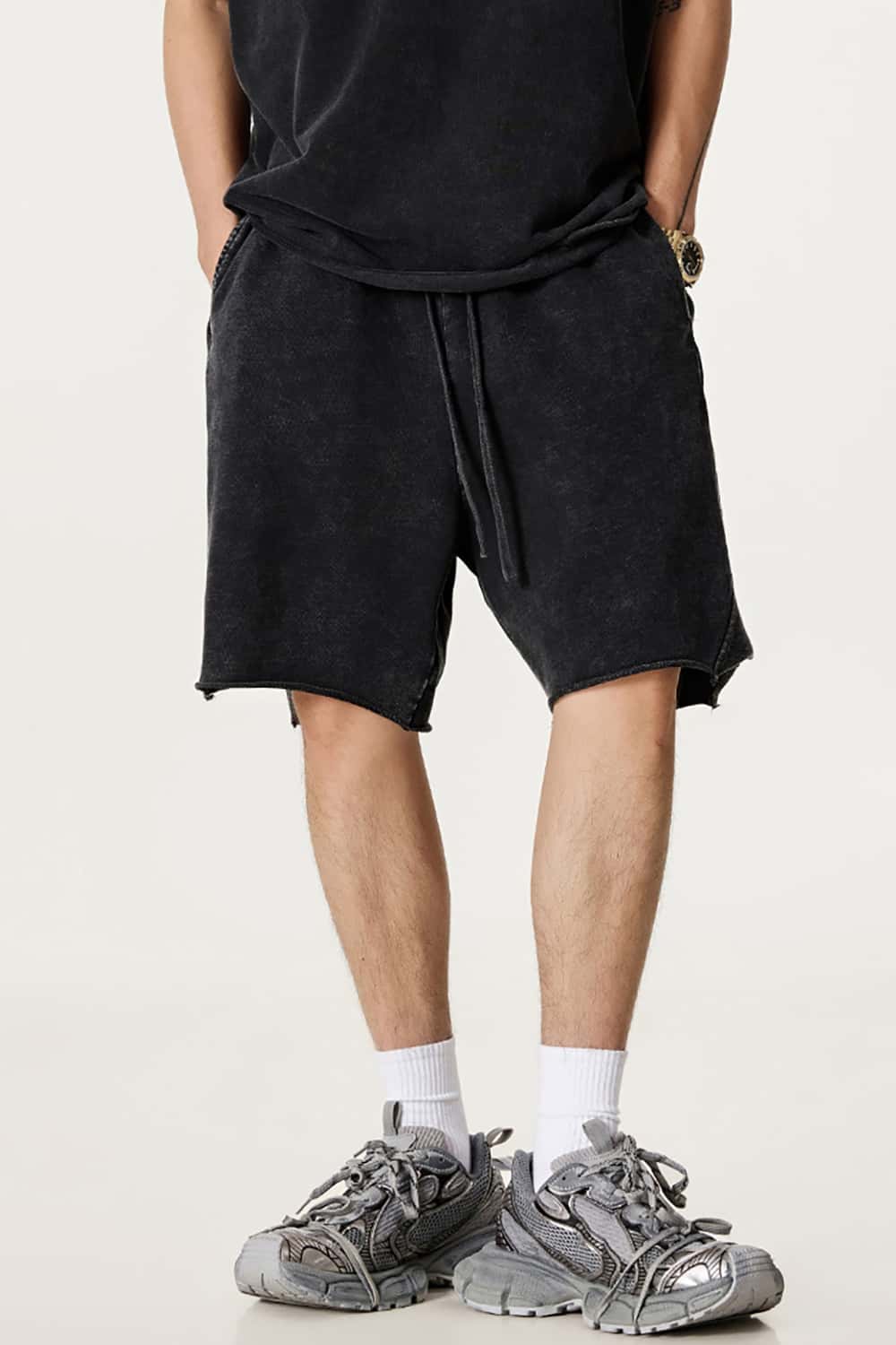 High Street Wax-Dyed Washed Distressed Mid-Length Shorts