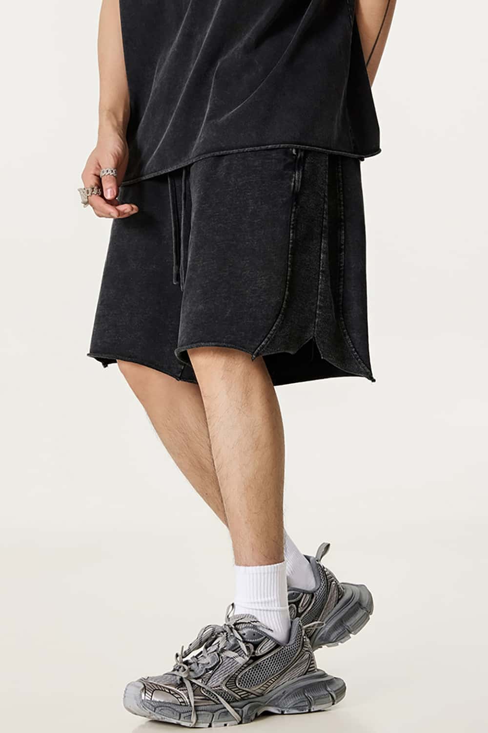 High Street Wax-Dyed Washed Distressed Mid-Length Shorts