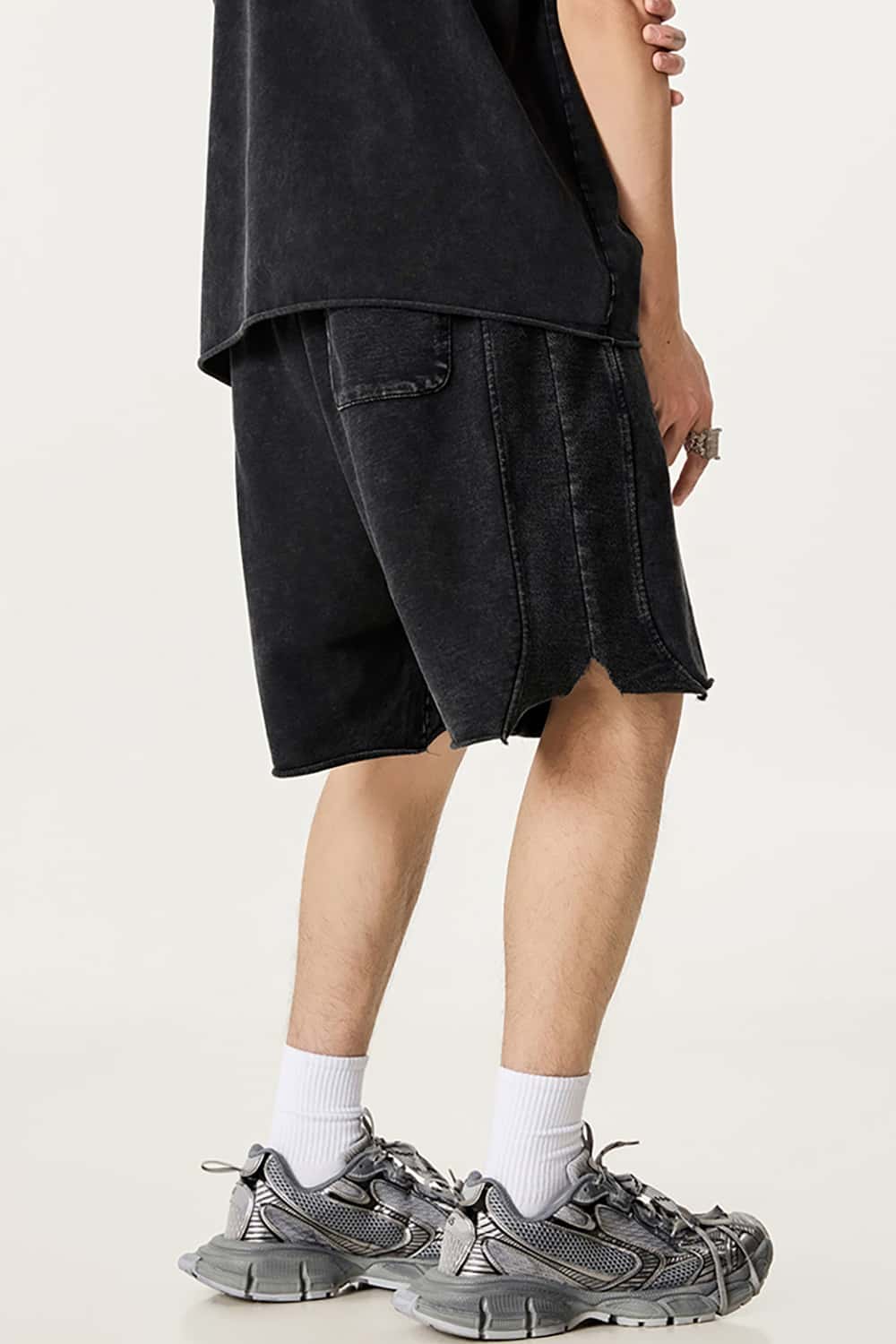 High Street Wax-Dyed Washed Distressed Mid-Length Shorts