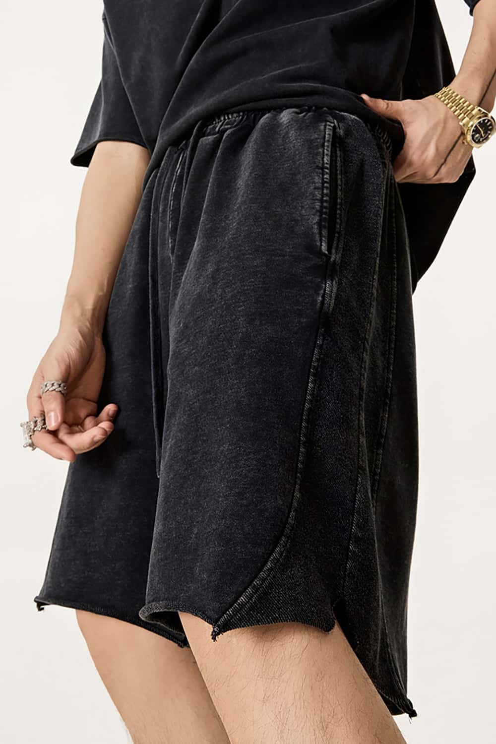 High Street Wax-Dyed Washed Distressed Mid-Length Shorts