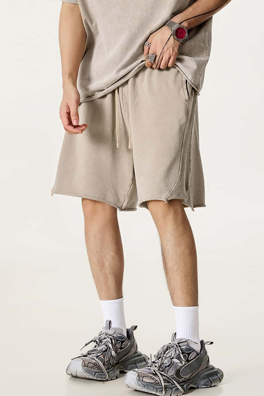 High Street Wax-Dyed Washed Distressed Mid-Length Shorts