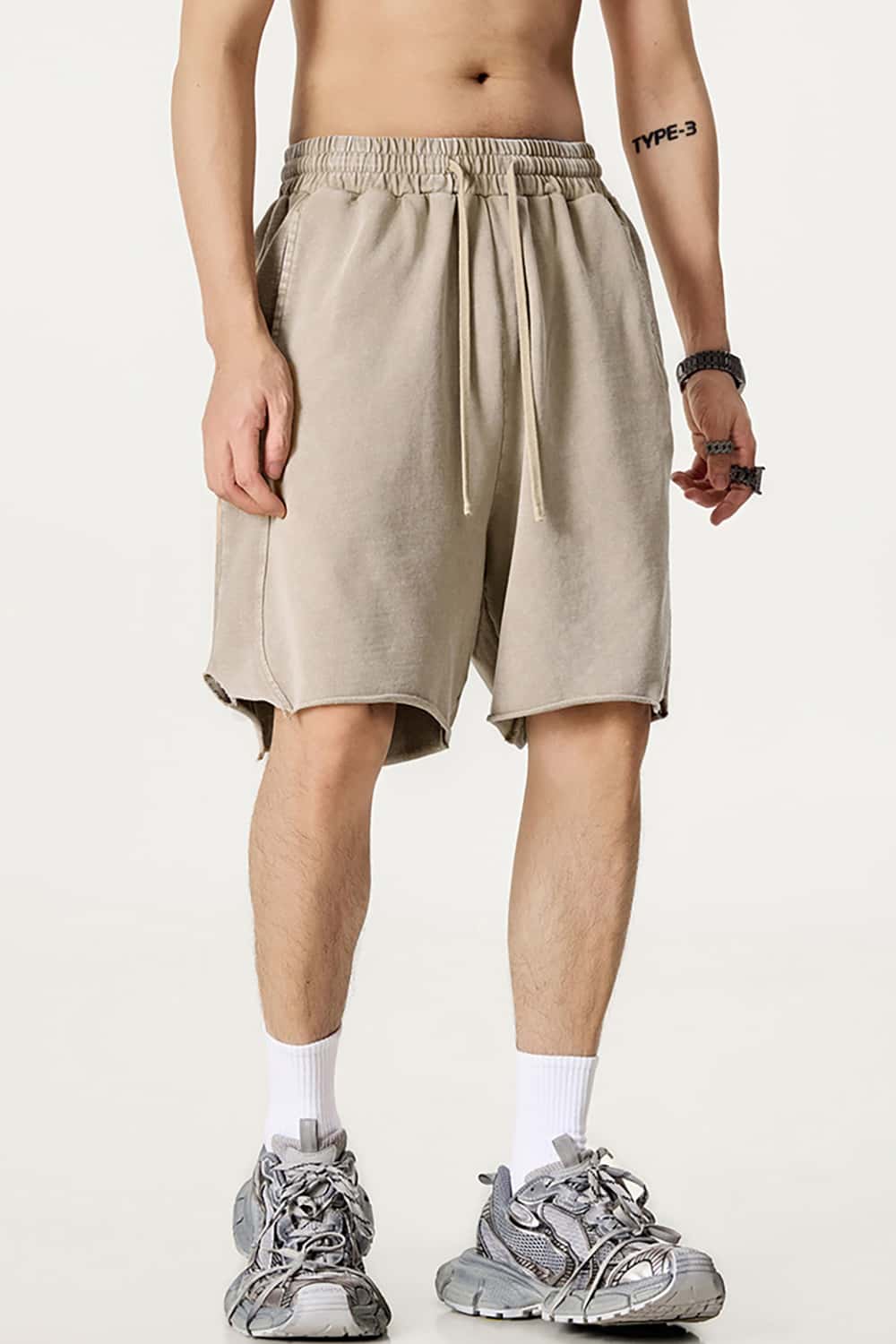 High Street Wax-Dyed Washed Distressed Mid-Length Shorts