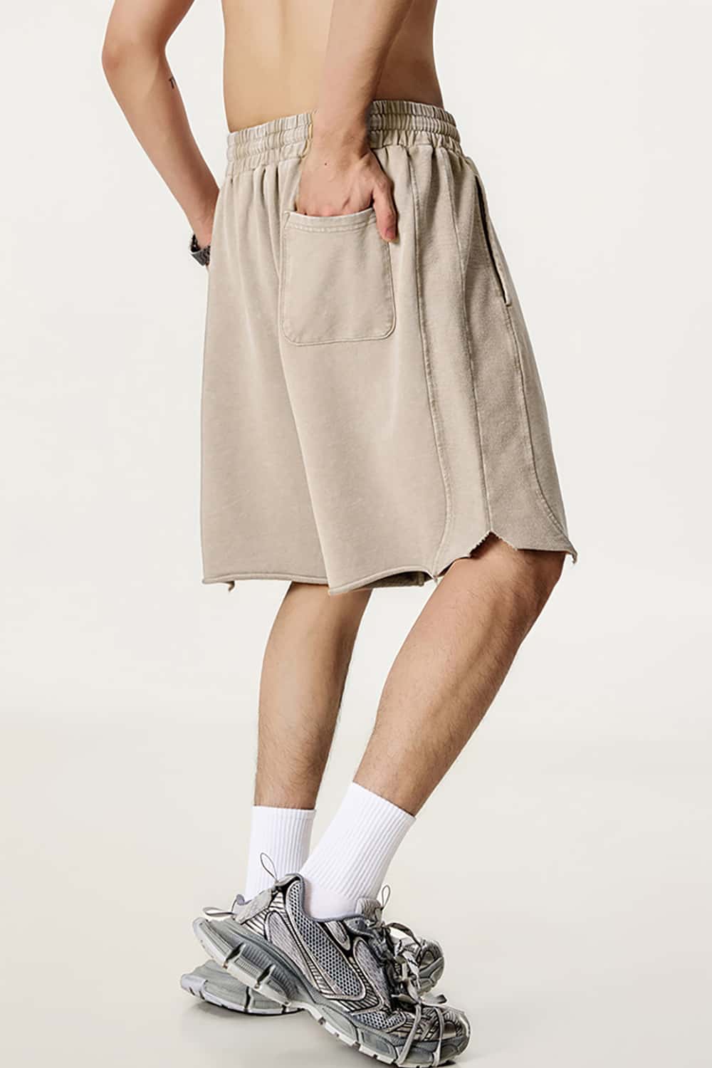 High Street Wax-Dyed Washed Distressed Mid-Length Shorts