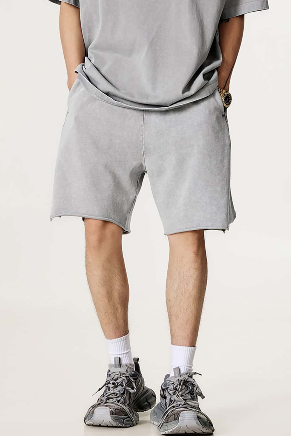 High Street Wax-Dyed Washed Distressed Mid-Length Shorts