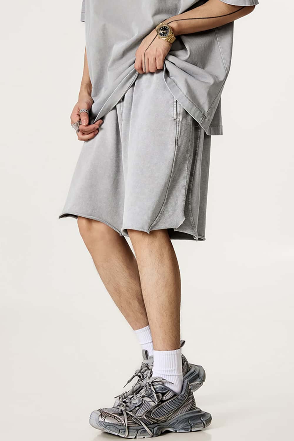 High Street Wax-Dyed Washed Distressed Mid-Length Shorts