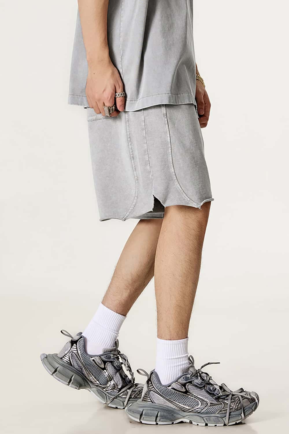 High Street Wax-Dyed Washed Distressed Mid-Length Shorts