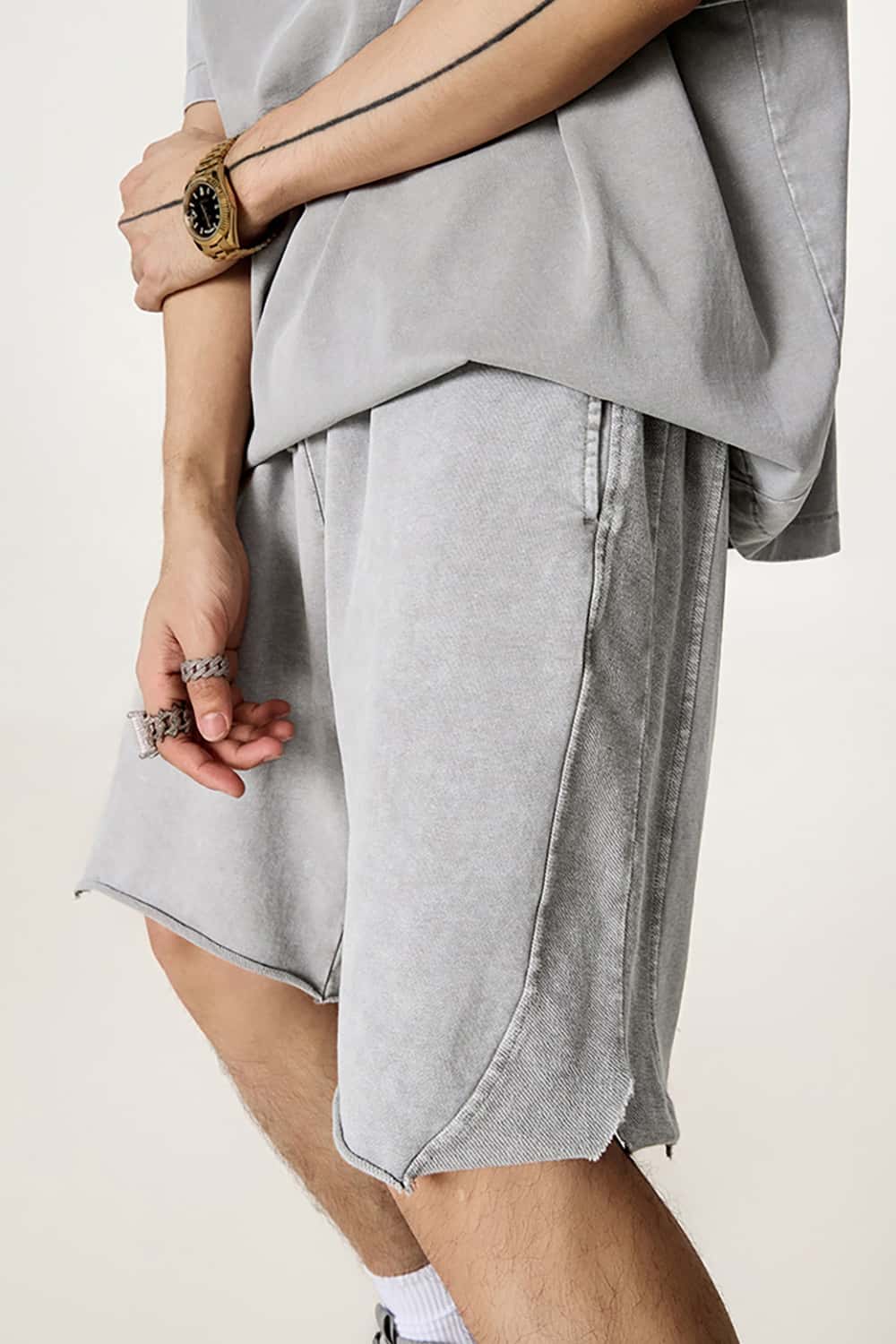 High Street Wax-Dyed Washed Distressed Mid-Length Shorts