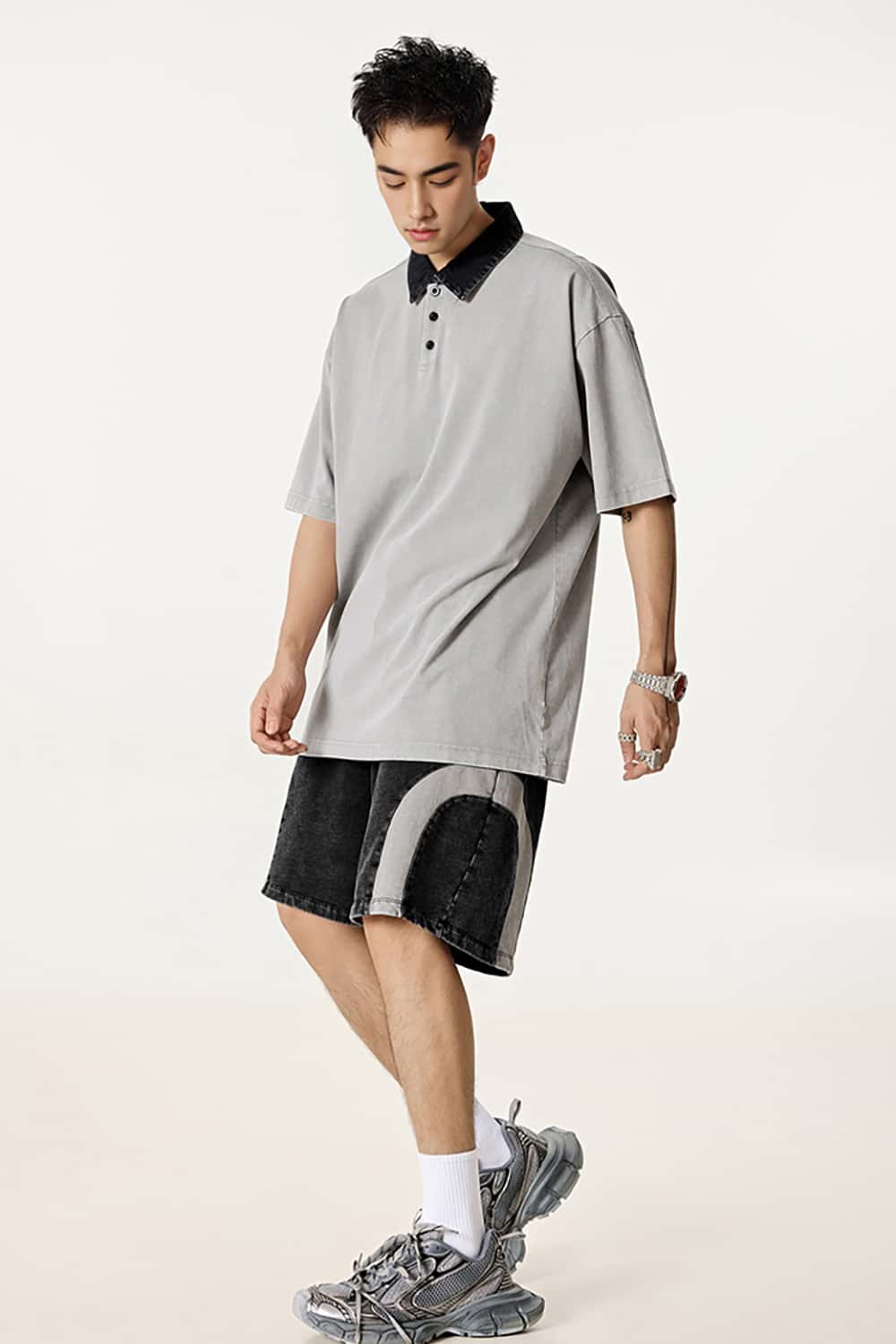 Vintage Contrast Collar Polo Shirt - Loose Fit Short Sleeve Tee