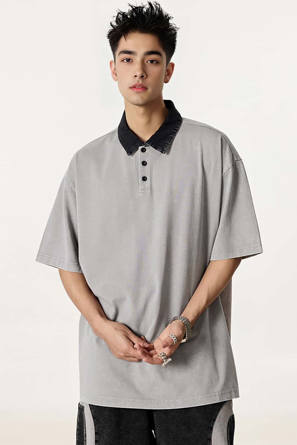 Vintage Contrast Collar Polo Shirt - Loose Fit Short Sleeve Tee