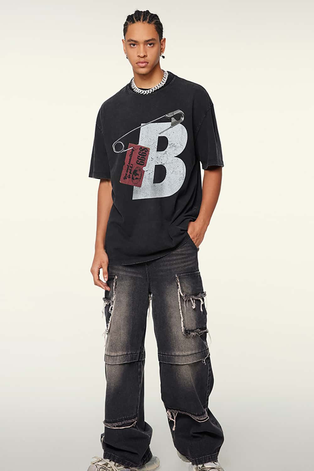 High Street Heavyweight Vintage Cotton T-Shirt with Safety Pin Graphic