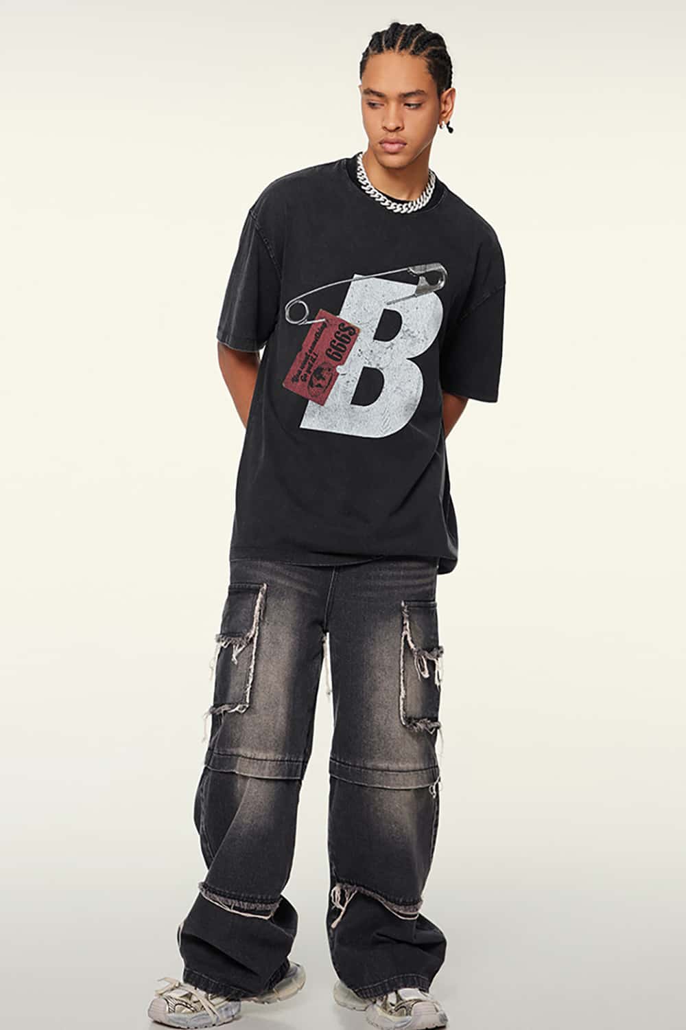 High Street Heavyweight Vintage Cotton T-Shirt with Safety Pin Graphic