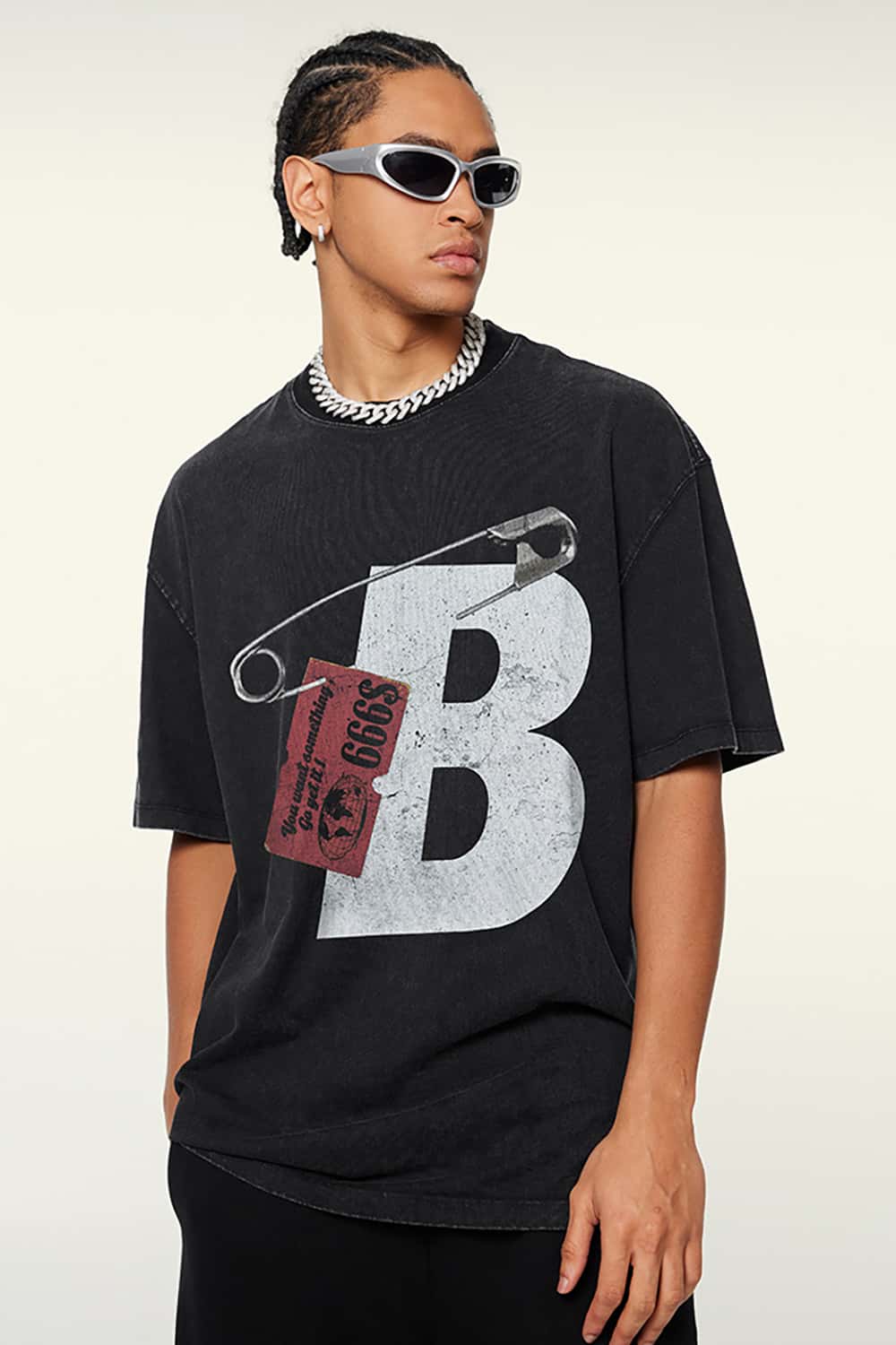 High Street Heavyweight Vintage Cotton T-Shirt with Safety Pin Graphic