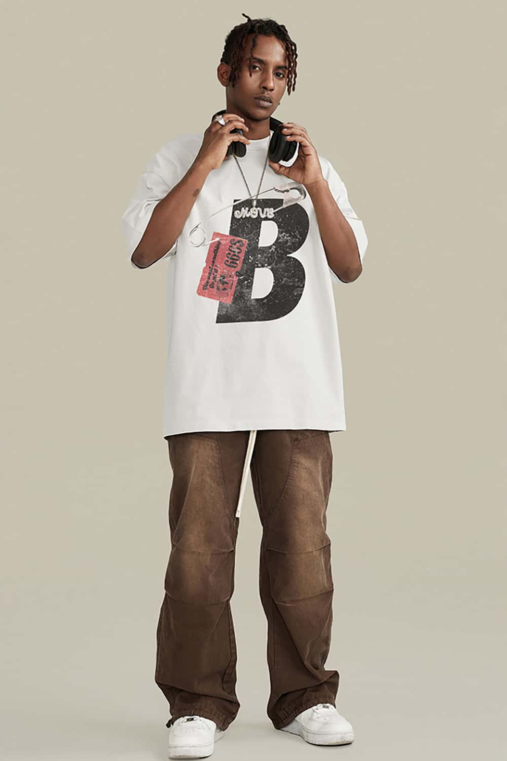 High Street Heavyweight Vintage Cotton T-Shirt with Safety Pin Graphic