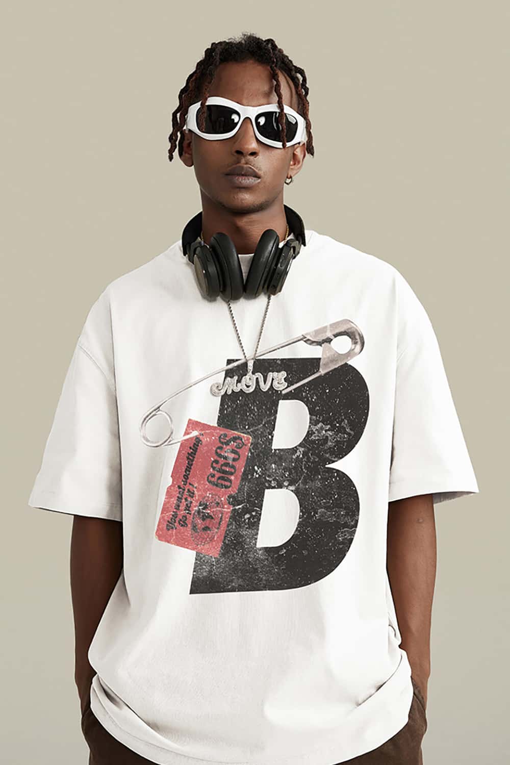 High Street Heavyweight Vintage Cotton T-Shirt with Safety Pin Graphic