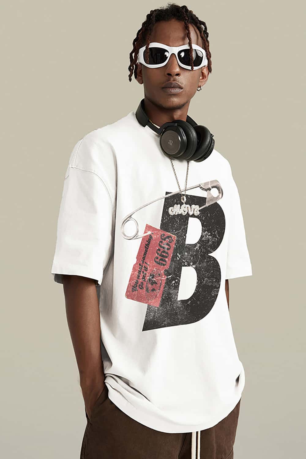 High Street Heavyweight Vintage Cotton T-Shirt with Safety Pin Graphic