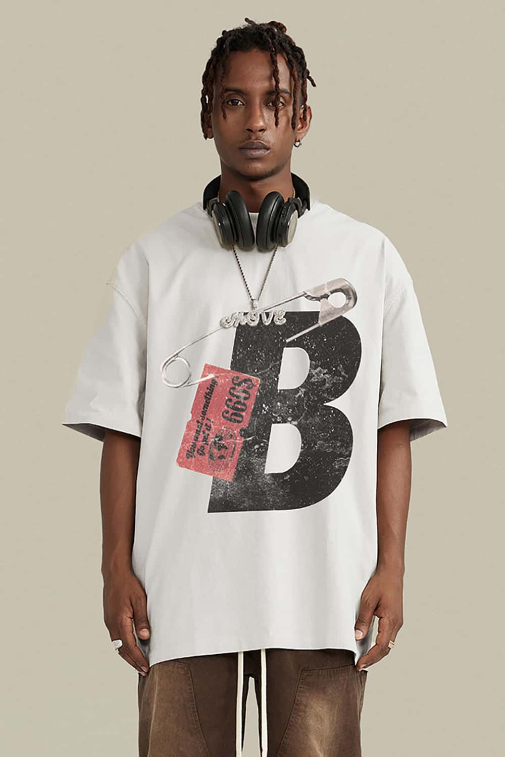 High Street Heavyweight Vintage Cotton T-Shirt with Safety Pin Graphic