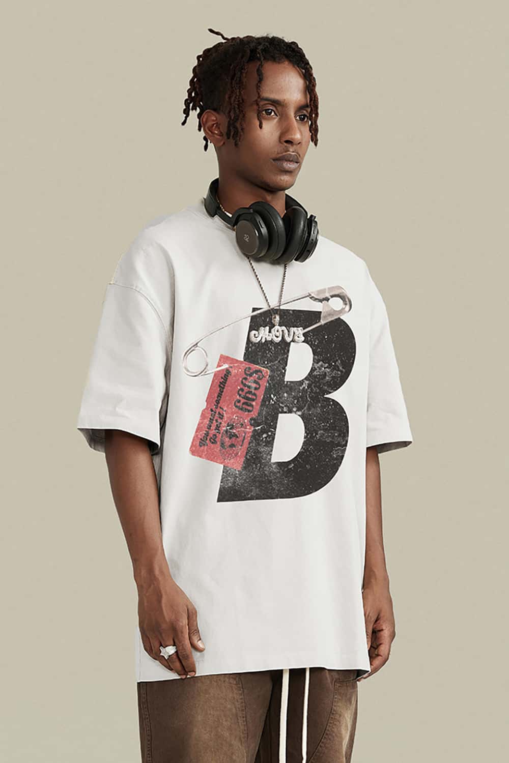 High Street Heavyweight Vintage Cotton T-Shirt with Safety Pin Graphic