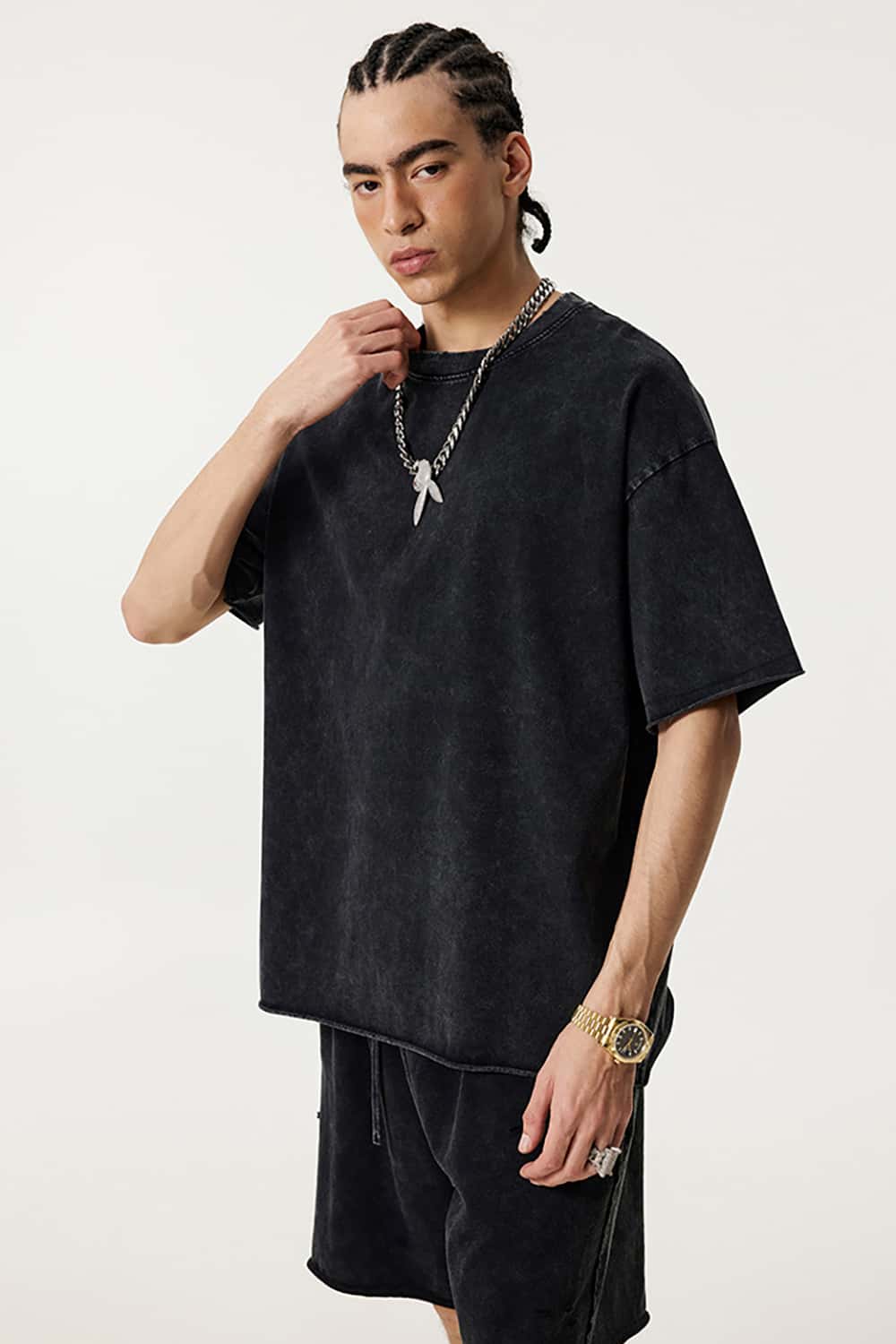 Wax-Dyed Washed T-Shirt - Loose Vintage Earth Tone Short Sleeve Top with Raw Edges