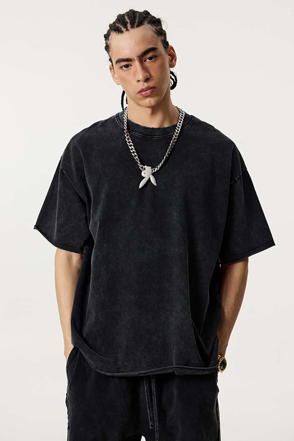 Wax-Dyed Washed T-Shirt - Loose Vintage Earth Tone Short Sleeve Top with Raw Edges