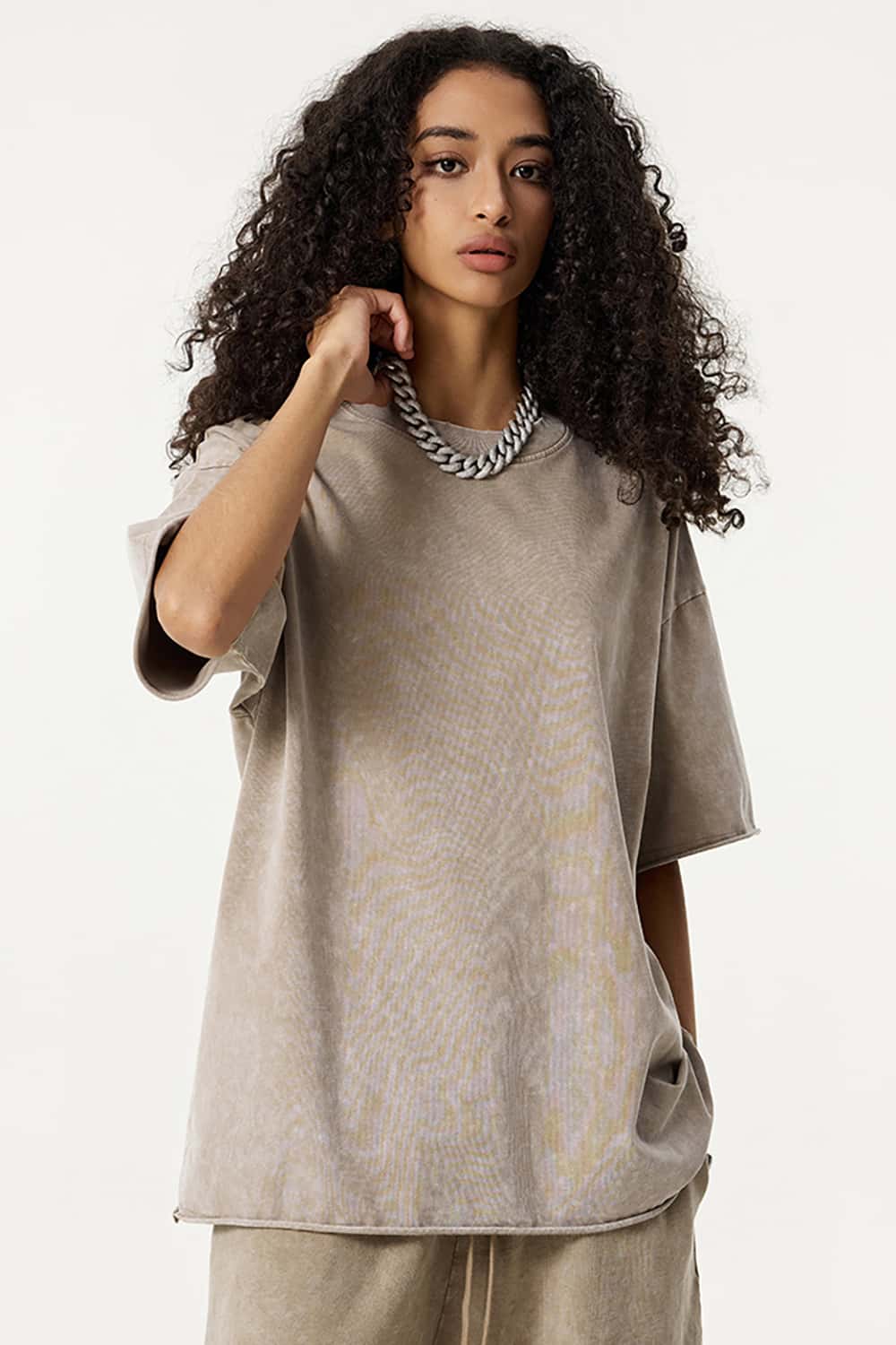 Wax-Dyed Washed T-Shirt - Loose Vintage Earth Tone Short Sleeve Top with Raw Edges