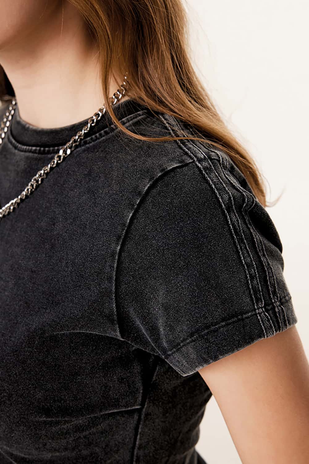 Y2K Ruched Waist Slimming T-Shirt - Water-Washed Short Sleeve with Structured Shoulders