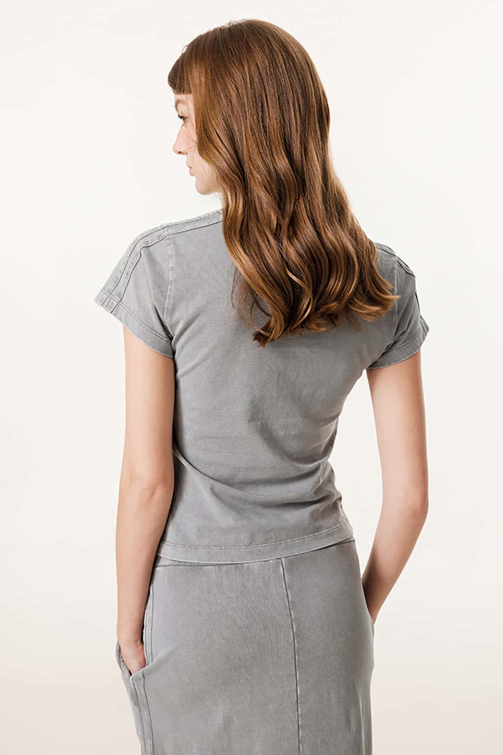 Y2K Ruched Waist Slimming T-Shirt - Water-Washed Short Sleeve with Structured Shoulders