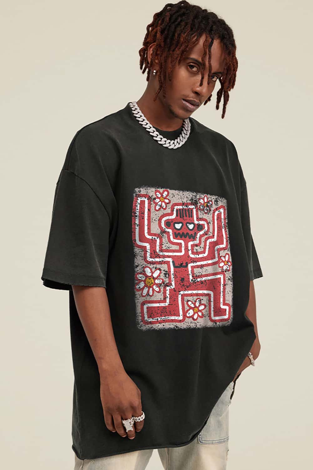 Vintage Washed Fun Print Short Sleeve T-Shirt - Distressed Street Style Tee