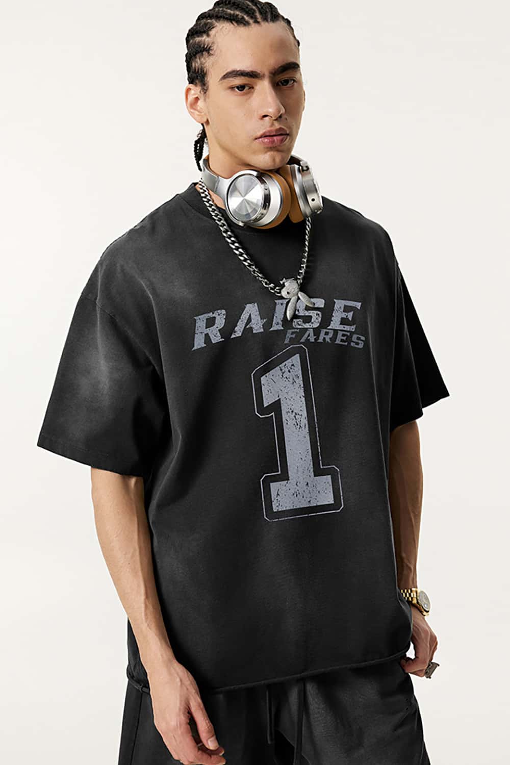 Vintage Print Heavyweight Short Sleeve T-Shirt in Black