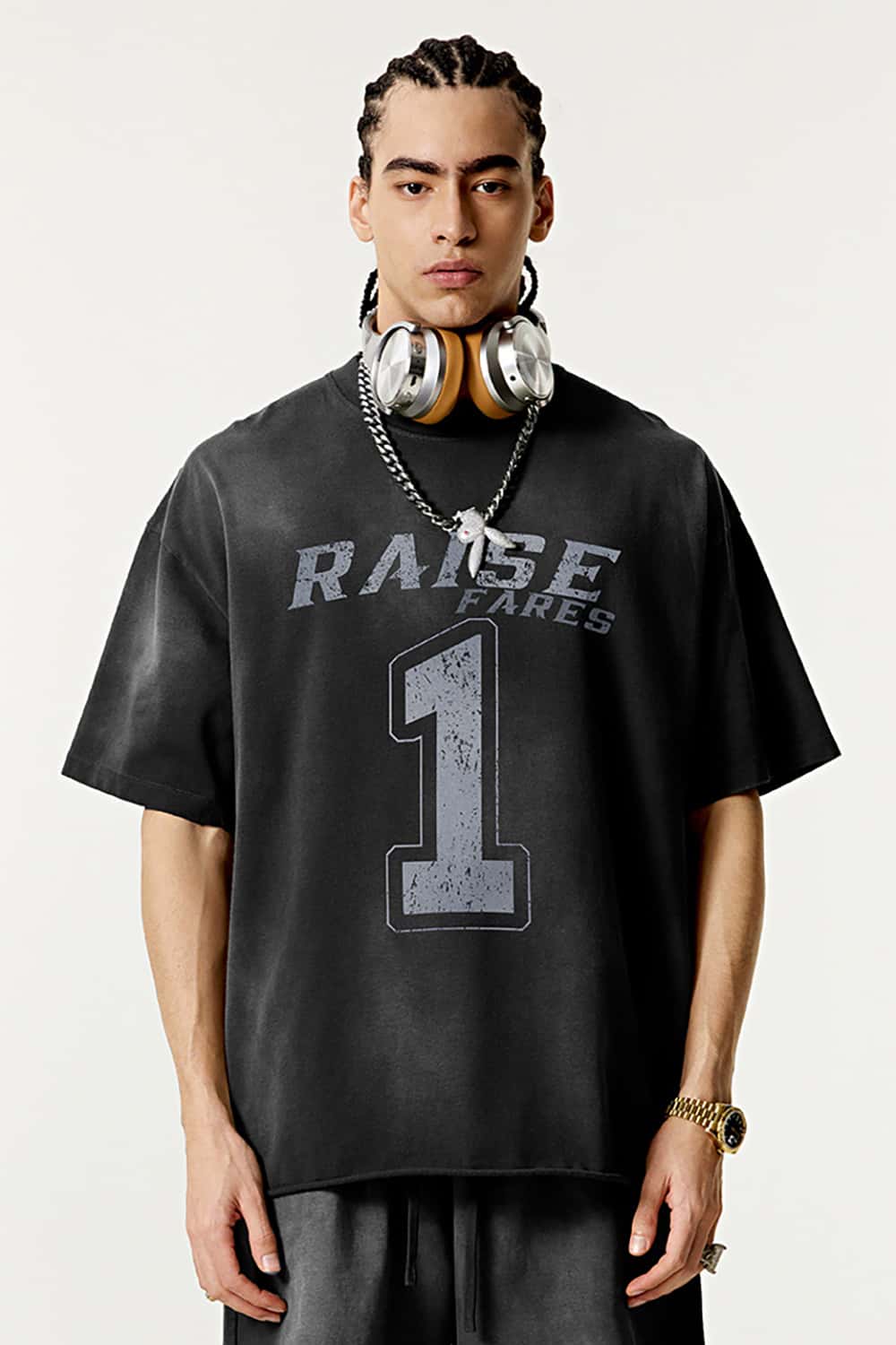 Vintage Print Heavyweight Short Sleeve T-Shirt in Black